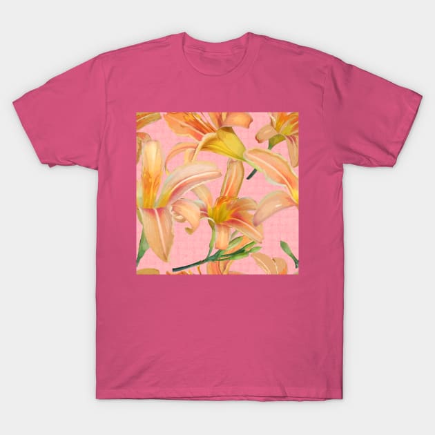 Tiger Lilies on Pink Burlap T-Shirt by ArtticArlo